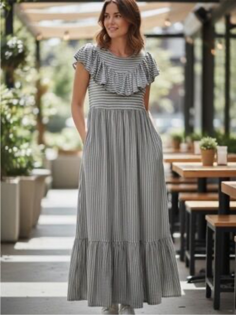 NWOT Hailey and Co. Striped Gray Ruffle-Yoke Maxi Dress